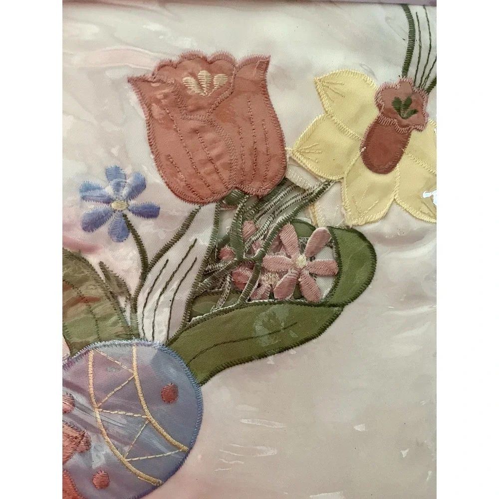 Blossoms & Blooms Easter Cutwork Tablecloth Oblong 60x102 Floral Egg Embroidery
